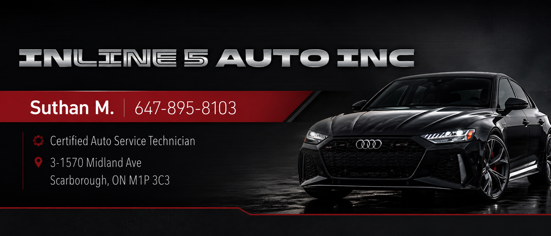 INLINE 5 AUTO INC business card with contact details