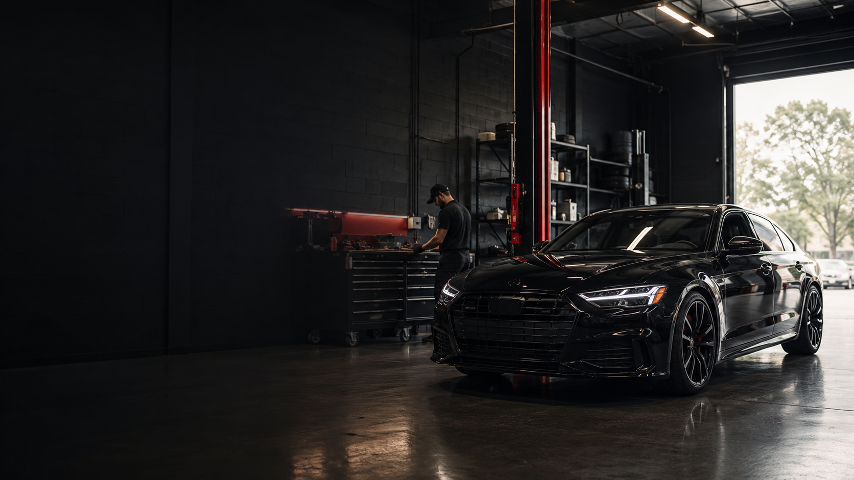 Modern auto repair garage with a luxury vehicle and mechanic